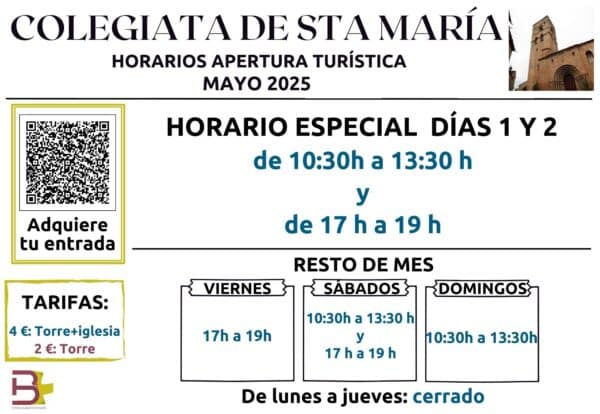 Villa de Ainsa - Sobrarbe Pirineo COLEGIATA AINSA. HORARIOS MAYO 2025